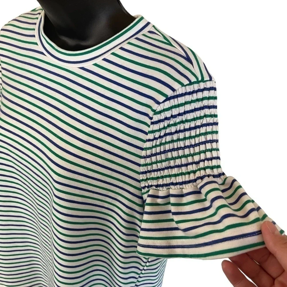 Euc Anthropologie women’s top, striped, blue/green/white, size medium. - Picture 2 of 8